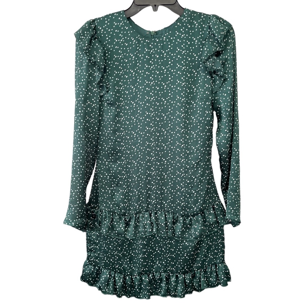Fanco Dress Women’s Size Small Green With White Dots, Ruffle Detail Fully Lined